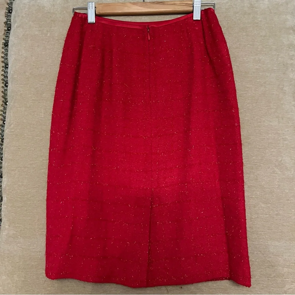 KASPER Red Sparkle Tweed Plaid Petite Skirt Suit